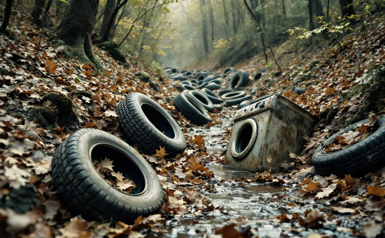 Old tires and a rusted washing machine dumped on a leafy wooded creek bank